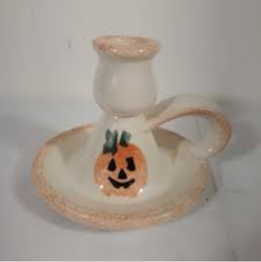 Vintage Jack-O-Lantern Ceramic Candlestick Holder Pumpkin Halloween Fall 90s EUC